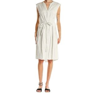 Tahari White Black Pinstripe Linen Blend Midi Shirt Dress